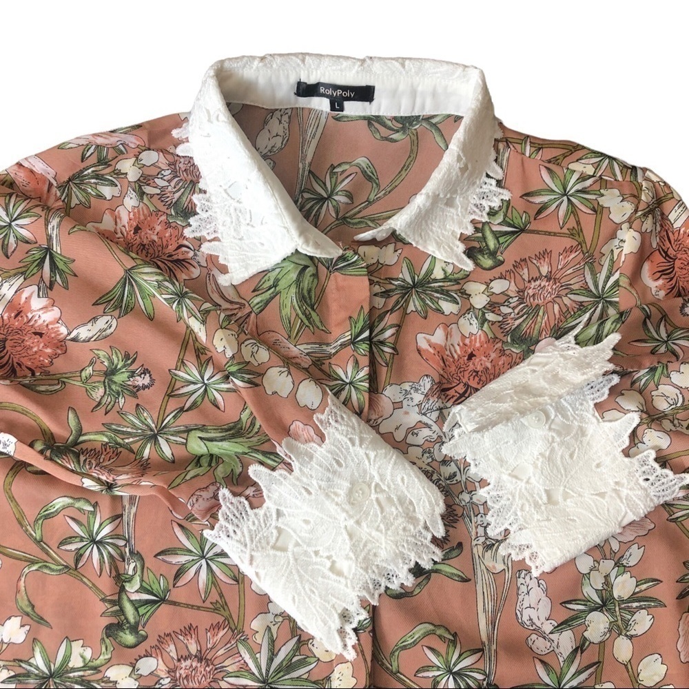 Roly Poly Floral Long Sleeves Button Down Blouse Size L Embroidered Collar Cuffs